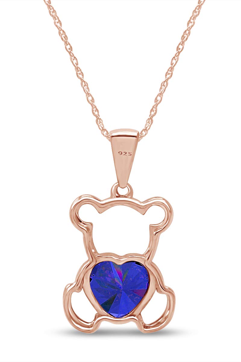 AFFY Teddy Bear Pendant Necklace for Women, 14K Rose Gold Over 925 Sterling Silver with Heart-Shaped Simulated BlueSapphire Cute Love Jewelry Gift with 18" Rope Chain - Image 4